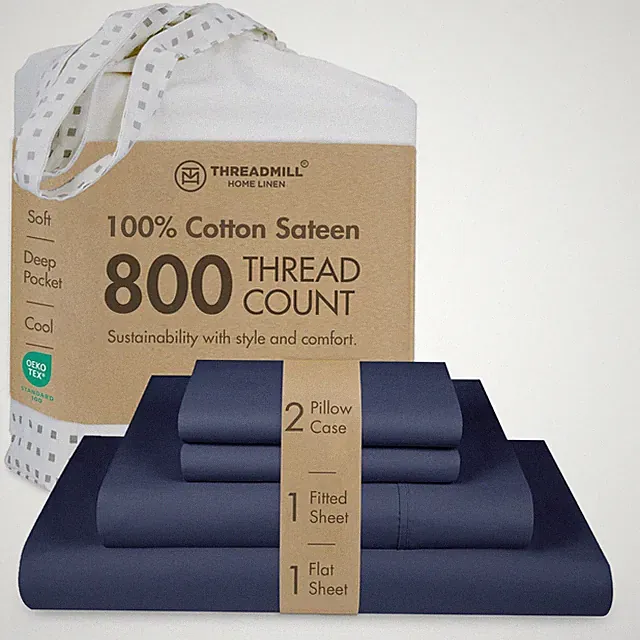 Luxury 800 Thread Count King 100% Cotton Sheets - Folkstone Blue Sateen Weave...
